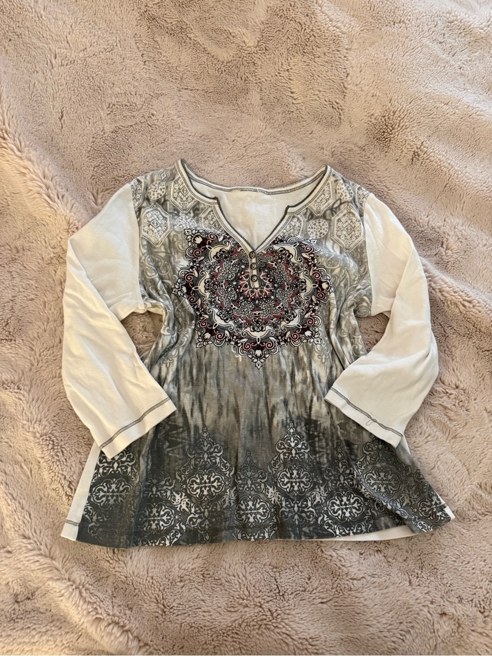 Women's Long-Sleeve Embroidered Gray and Cream Tunic Top
